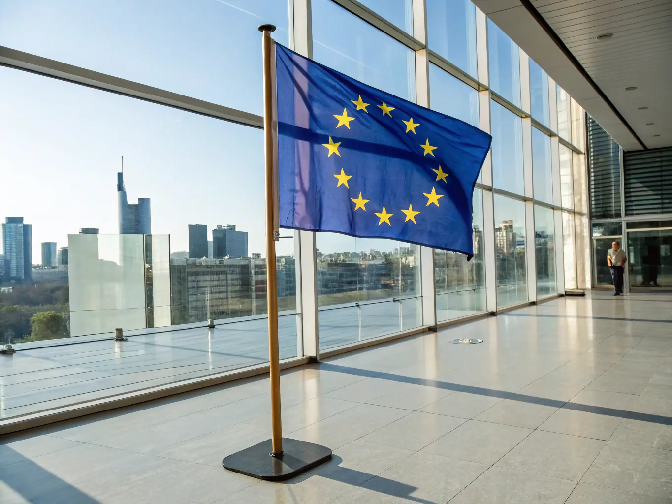A photograph showcasing the European Union flag waving in front of a modern building in Riga, Latvia, symbolizing the access to the Schengen area and the opportunities within the EU.